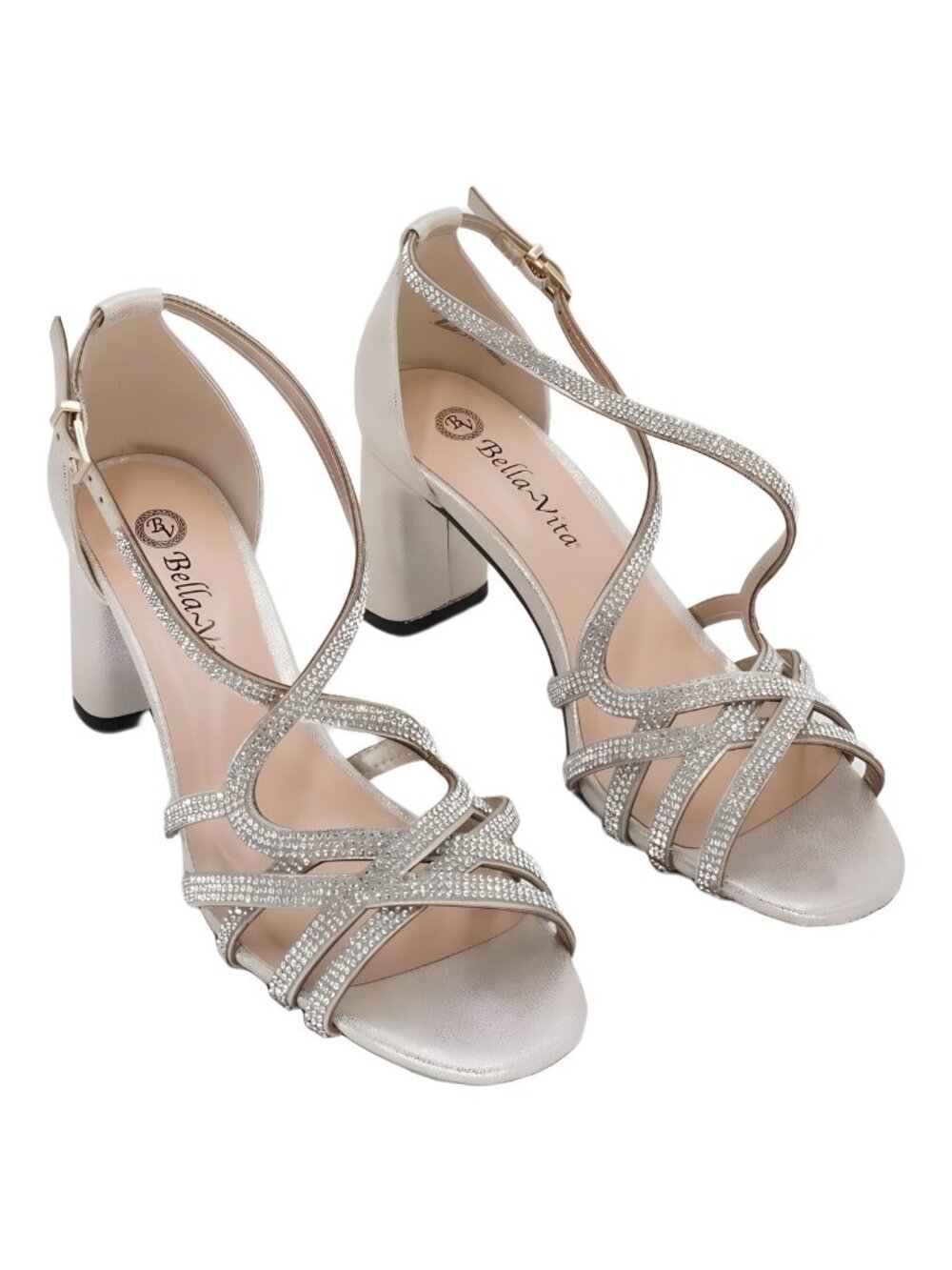 Bella Vita Aliette Block Heel Dress Sandals Soft Gold Silver Rhinestones 7W